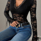 Perfee Lace V-Neck Long Sleeve Bodysuit