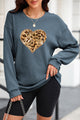 Heart Leopard Sequin Round Neck Sweatshirt Deep Teal