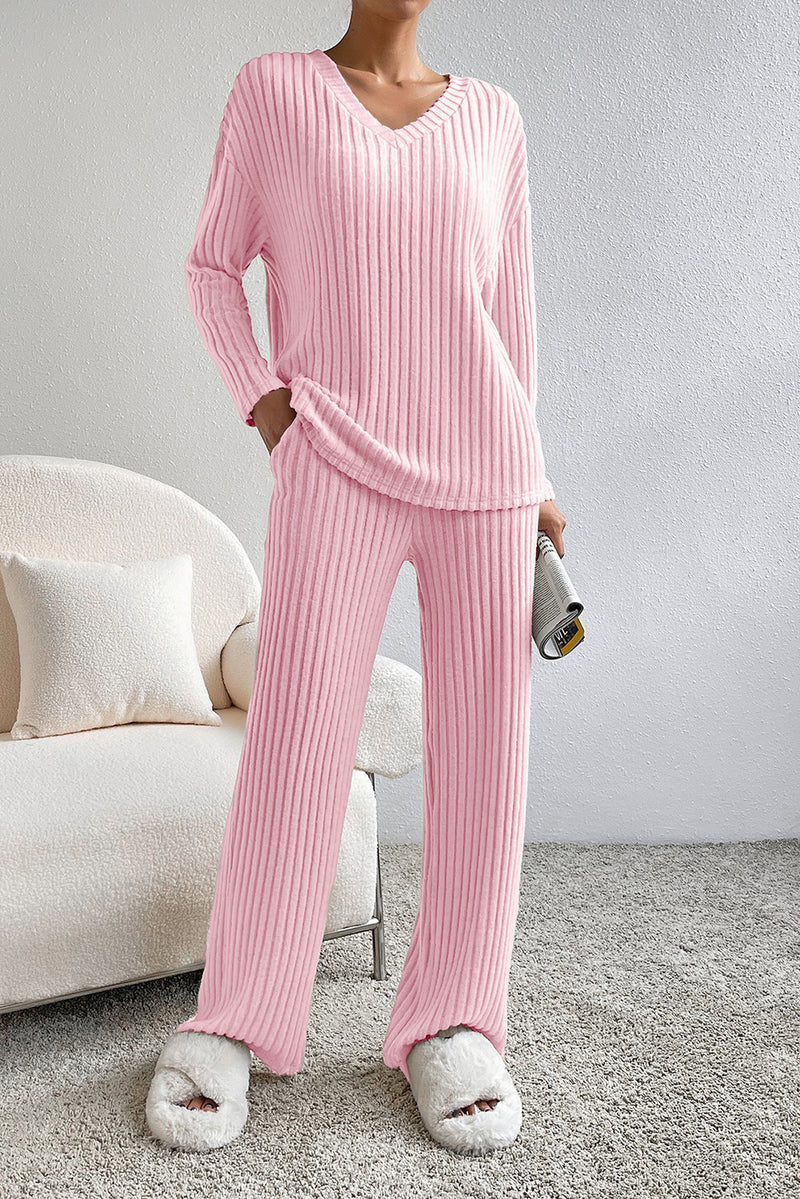 Ribbed V-Neck Top and Pants Lounge Set