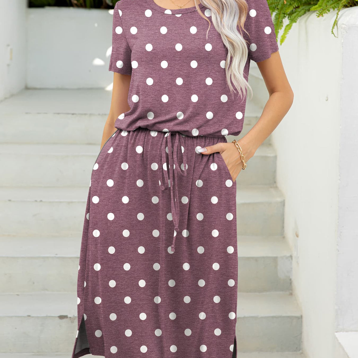 Round Neck Short Sleeve Slit Dress with Pockets Red Dot