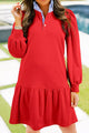 Contrast Striped Collar Patchwork Puff Sleeve Ruffle Hem Mini Dress Red
