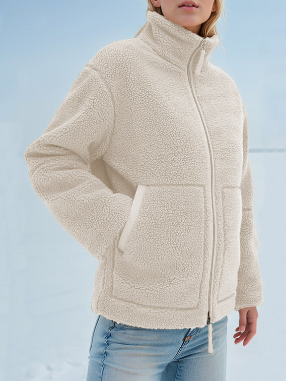 Turtleneck Zip Up Long Sleeve Plush Jacket White