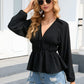 Balloon Sleeve Plunge Peplum Blouse