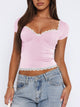 Lace Detail Sweetheart Neck Short Sleeve T-Shirt Blush Pink