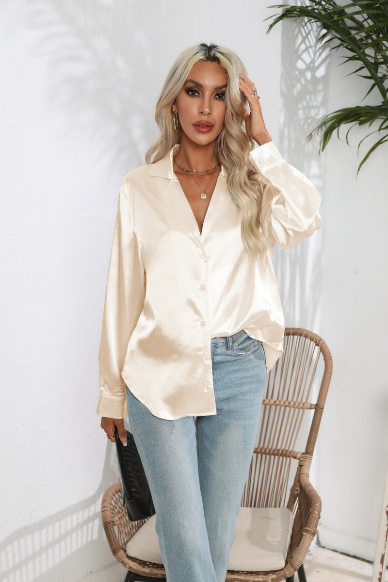 Lapel Collar Button Up Long Sleeve Shirt Tan