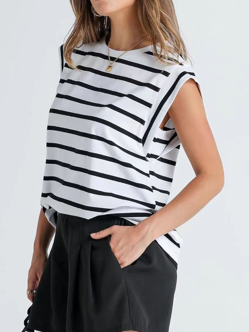 Florira Striped Round Neck Cap Sleeve T-Shirt White