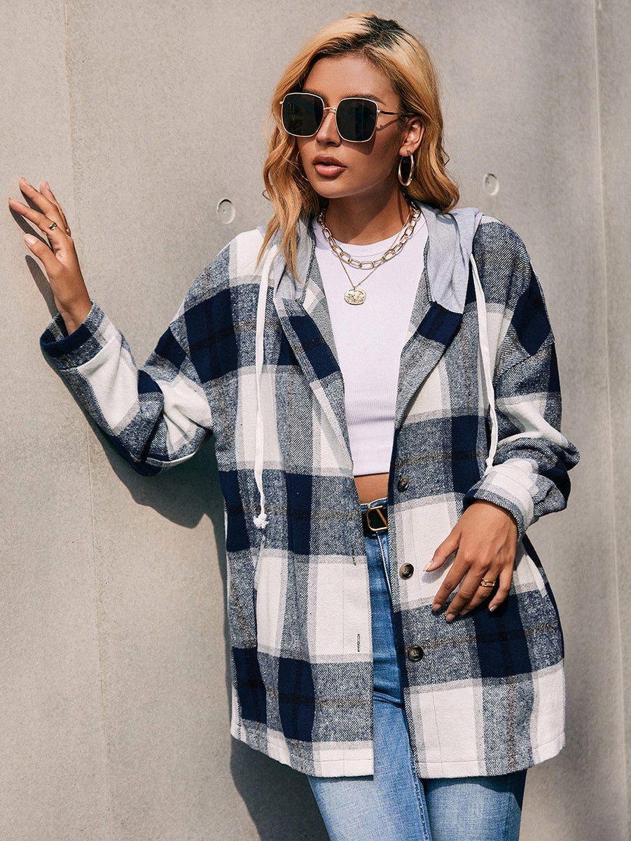 Ivy Lane Plaid Dropped Shoulder Hooded Jacket Dark Blue