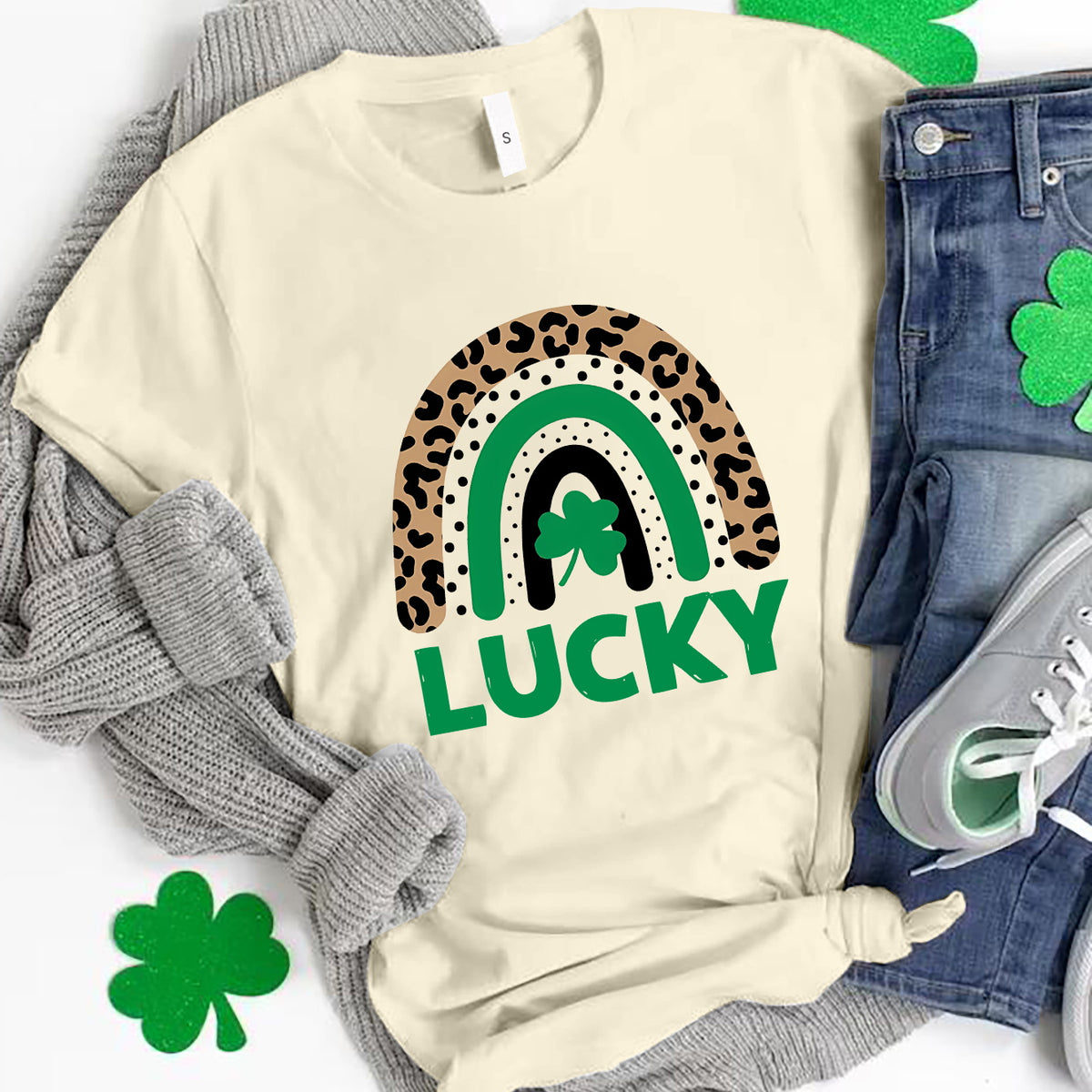 LUCKY Round Neck Short Sleeve T-Shirt Tan