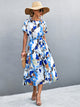 Round Neck Short Sleeve Tie Waist Midi Dress Blue