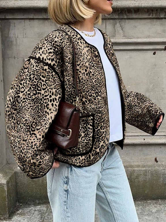 Perfee Leopard Open Front Long Sleeve Jacket Tan