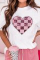 Sequin Checkered Heart Round Neck Short Sleeve T-Shirt White