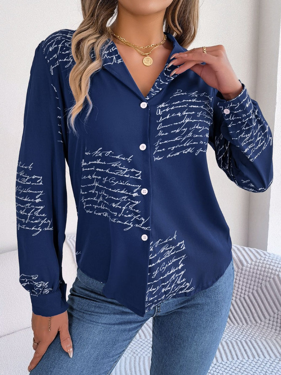 Letter Printed Button Up Long Sleeve Blouse Dark Blue