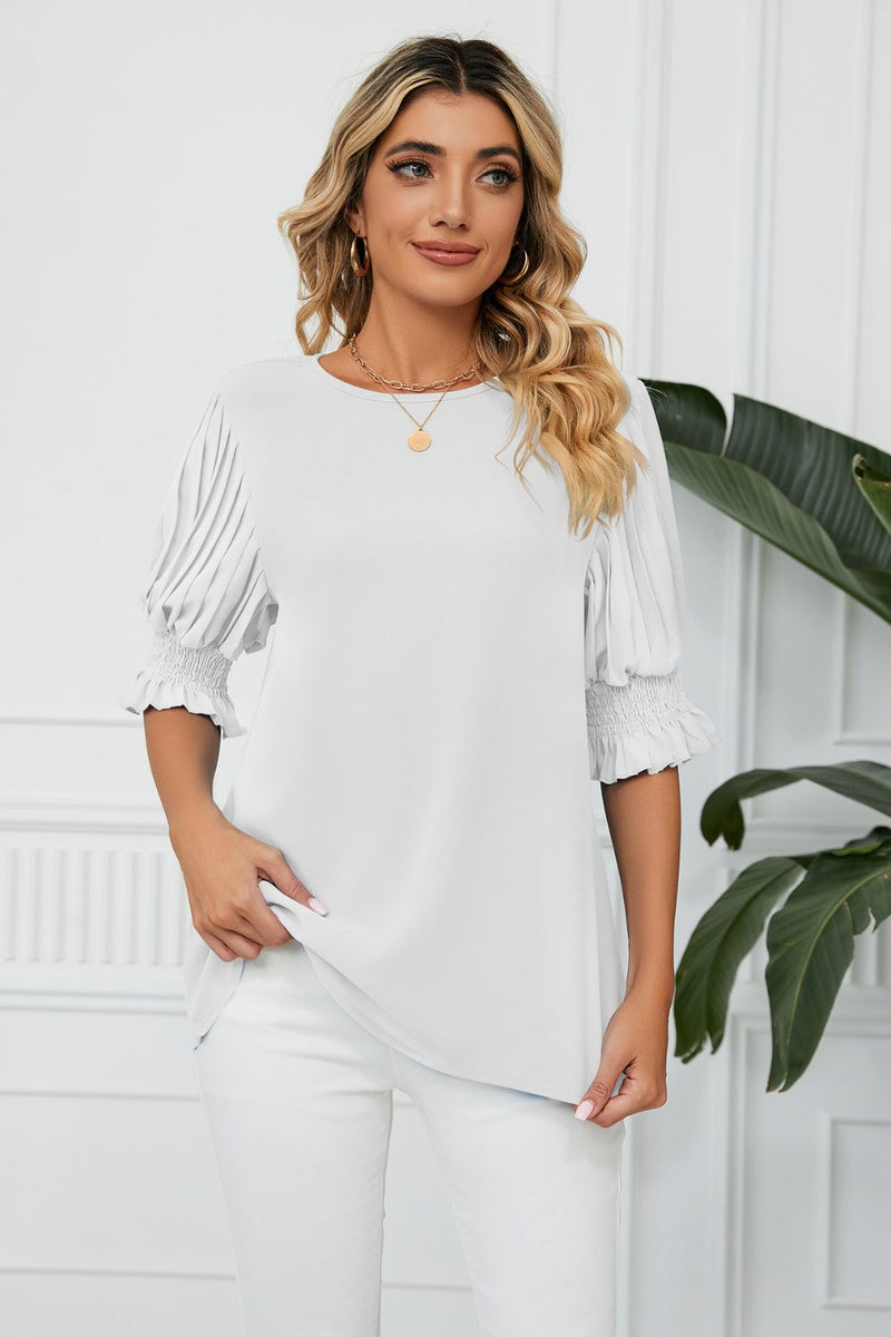 Pleated Flounce Sleeve Keyhole Blouse