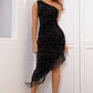 Sequin Asymmetrical Fringe Hem One-Shoulder Dress