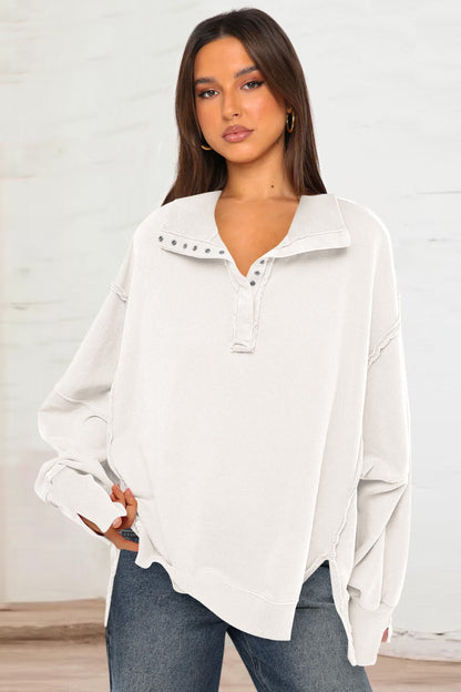 Exposed Seam Side Slit Long Sleeve Sweatshirt White
