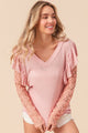 BiBi Ruffled Lace Sleeve Rib Knit Top Blush Pink