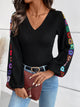 V-Neck Crochet Long Sleeve Top Black