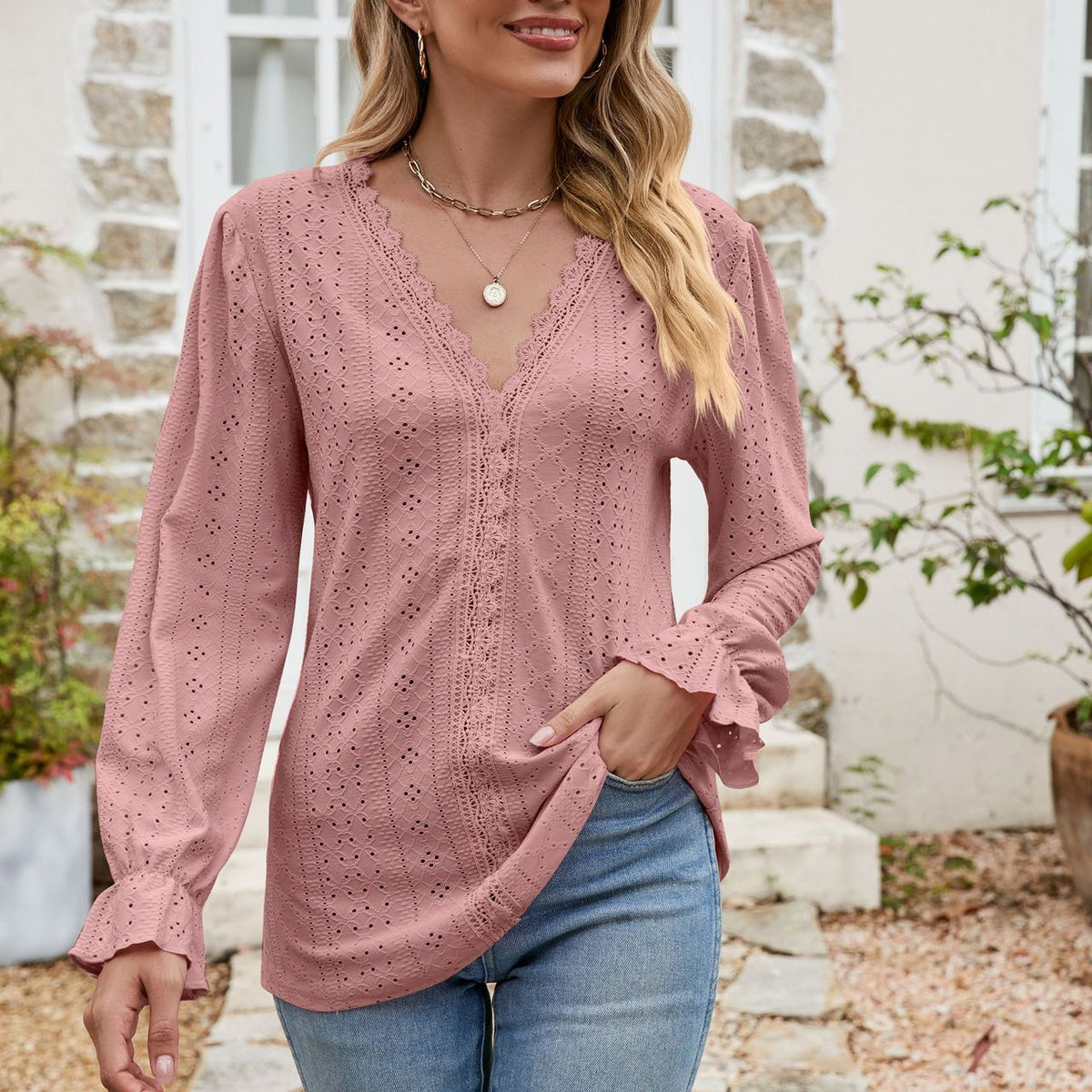 Eyelet Lace Trim Flounce Sleeve Blouse