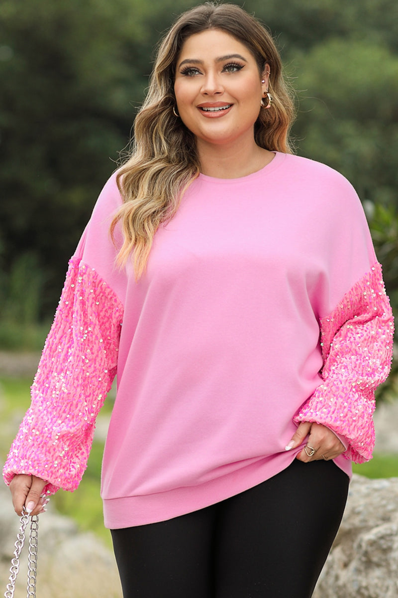 Plus Size Sequin Round Neck Dropped Shoulder Sweatshirt Pink