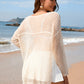 Openwork Slit Boat Neck Long Sleeve Cover-Up