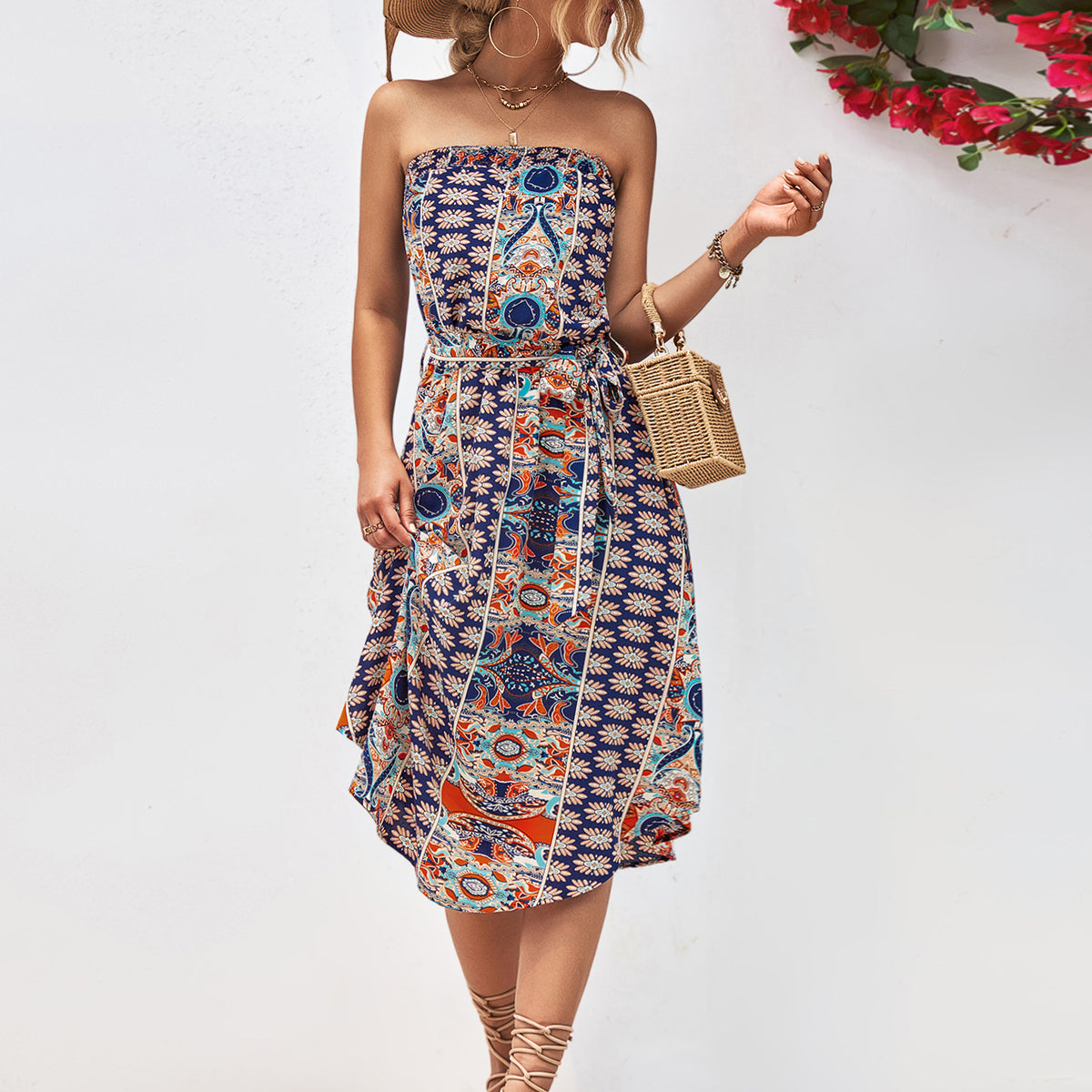 Printed Strapless Tie Belt Dress Dark Blue