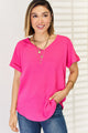 Zenana V-Neck Rolled Short Sleeve T-Shirt Hot Pink