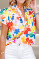 Ruffled Printed Notched Cap Sleeve Blouse Floral