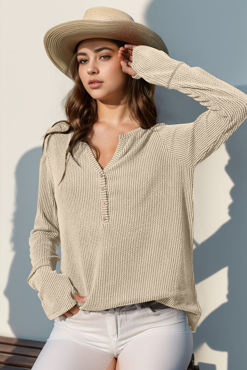 Double Take Full Size Notched Thumbhole Long Sleeve T-Shirt Tan