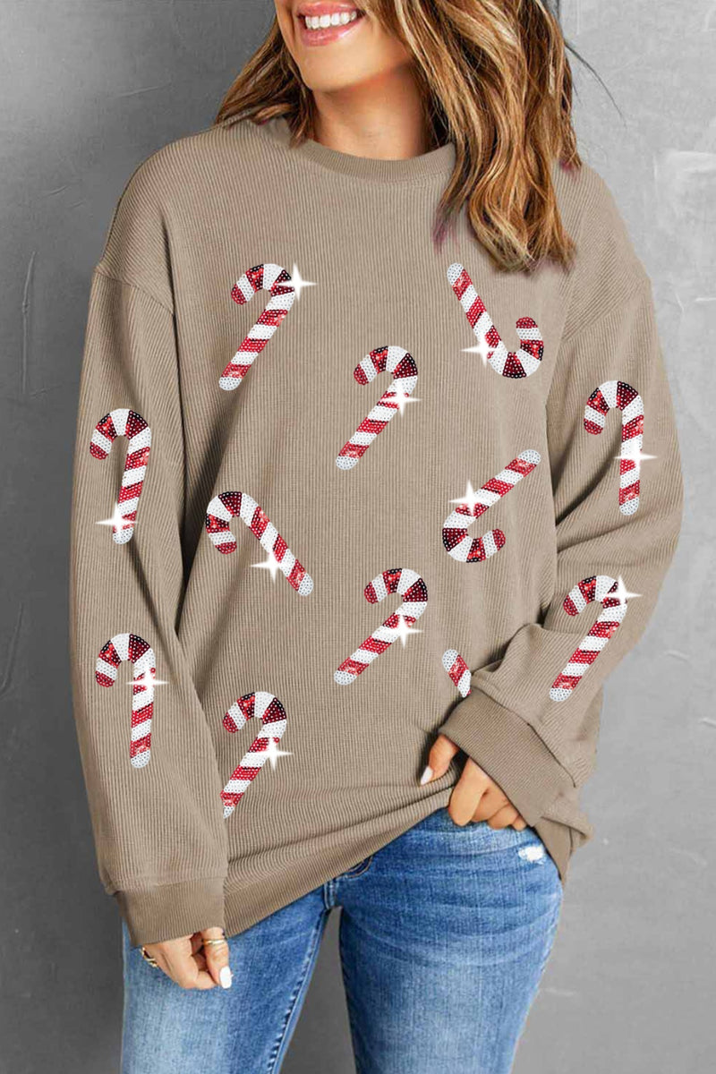 Sequin Candy Cane Round Neck Sweatshirt Camel