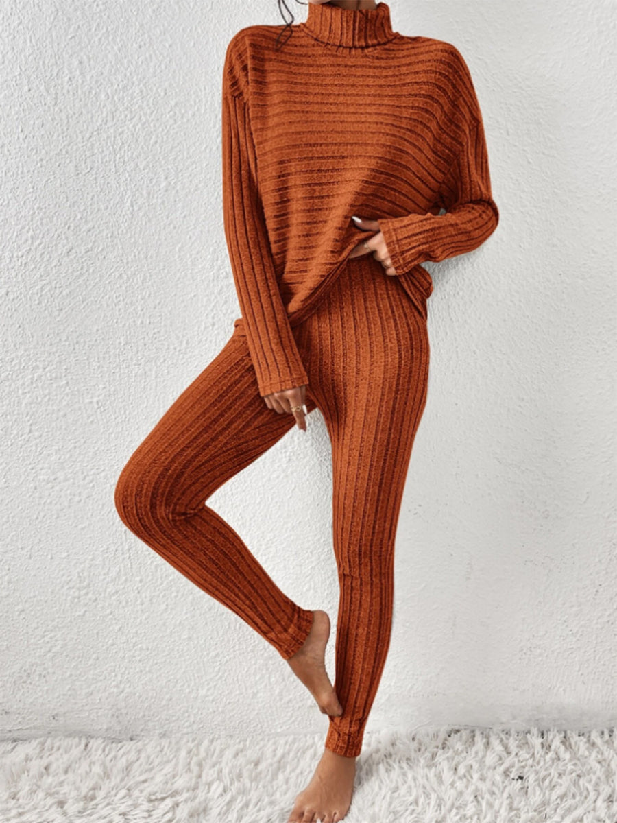 Ribbed Turtleneck Top and Pants Set Caramel