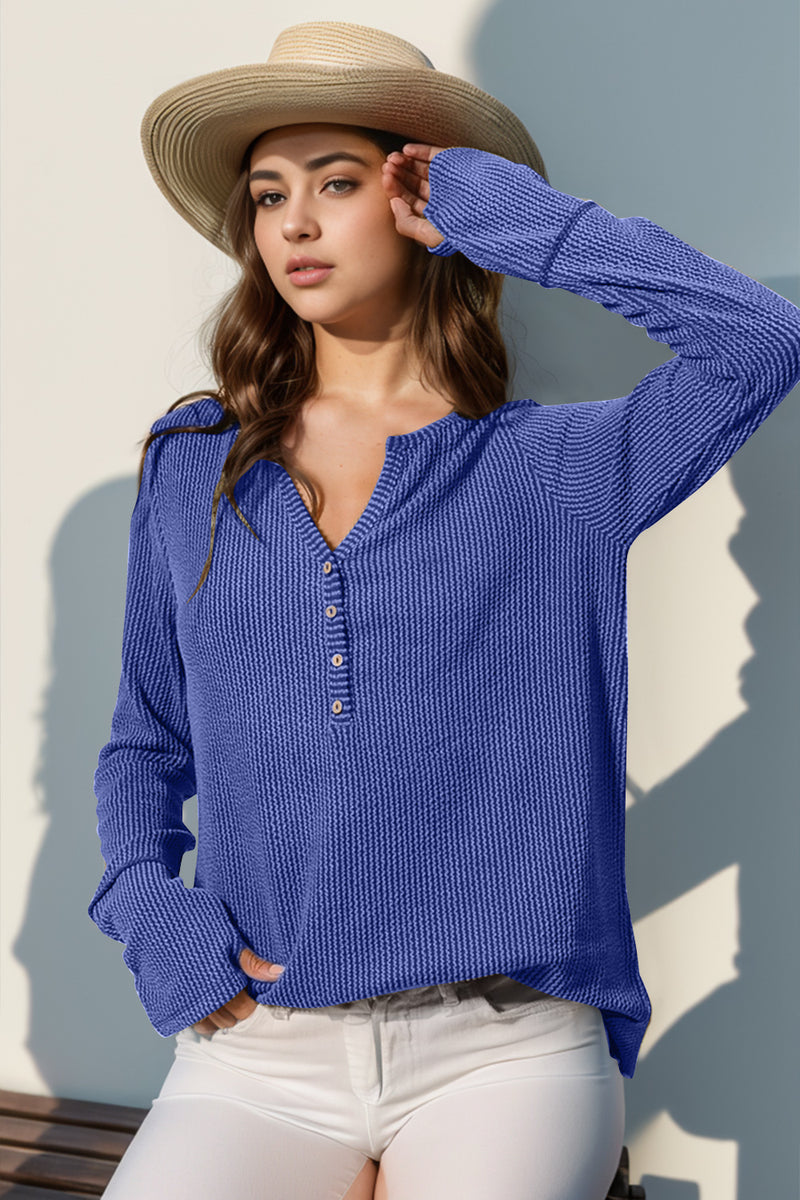 Double Take Full Size Notched Thumbhole Long Sleeve T-Shirt Blue