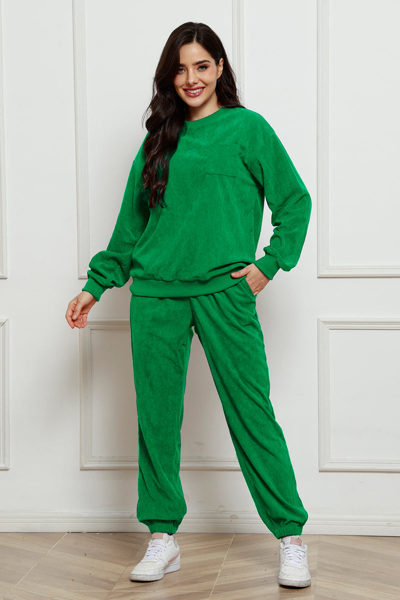 Corduroy Round Neck Sweatshirt and Sweatpants Set Dark Green