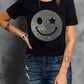 Rhinestone Smiley Round Neck Short Sleeve T-Shirt