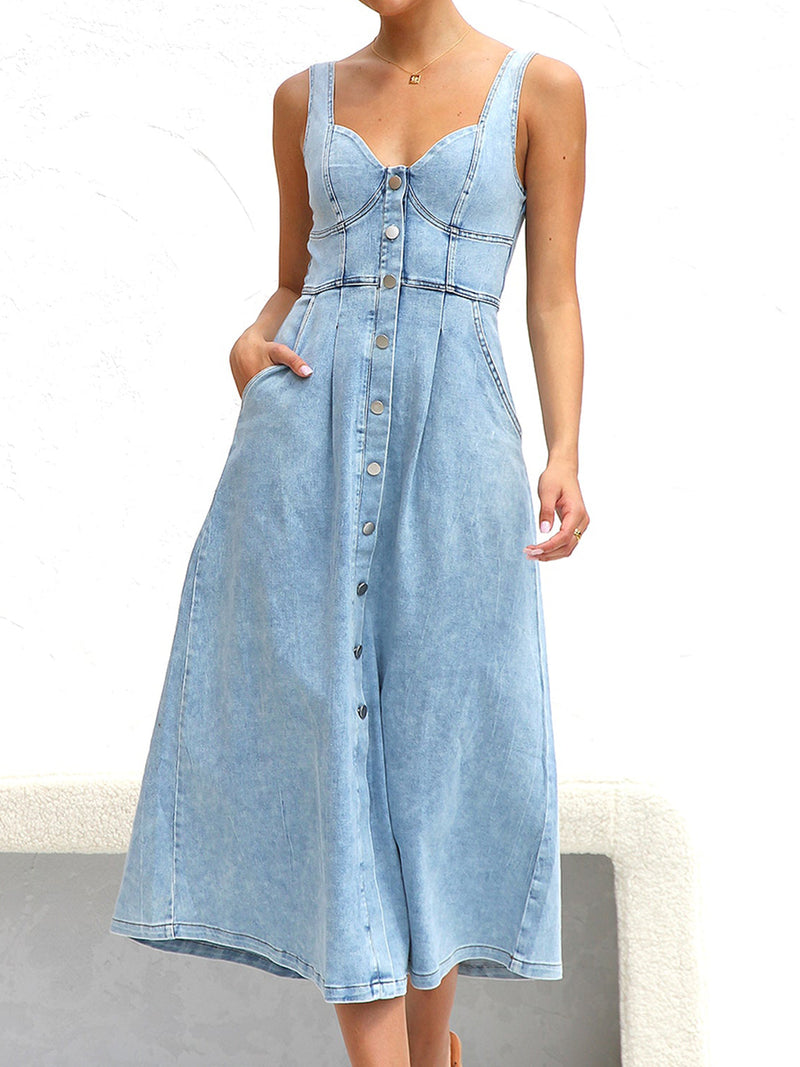 MeiMei Sweetheart Neck Wide Strap Denim Dress