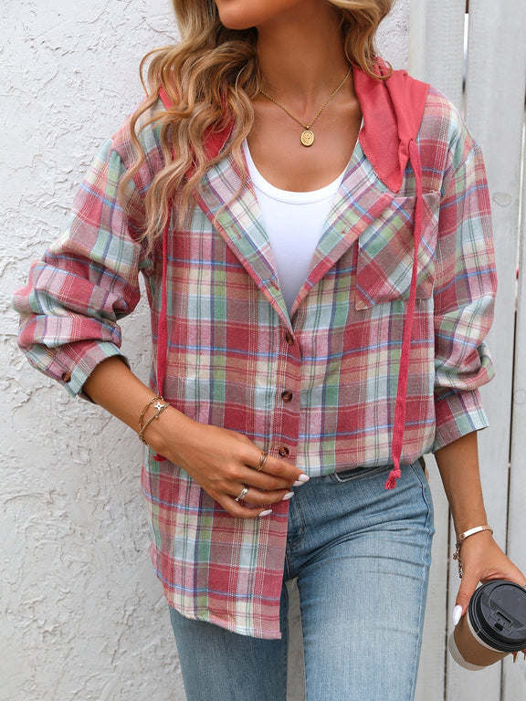 Plaid Long Sleeve Hooded Jacket Deep Red