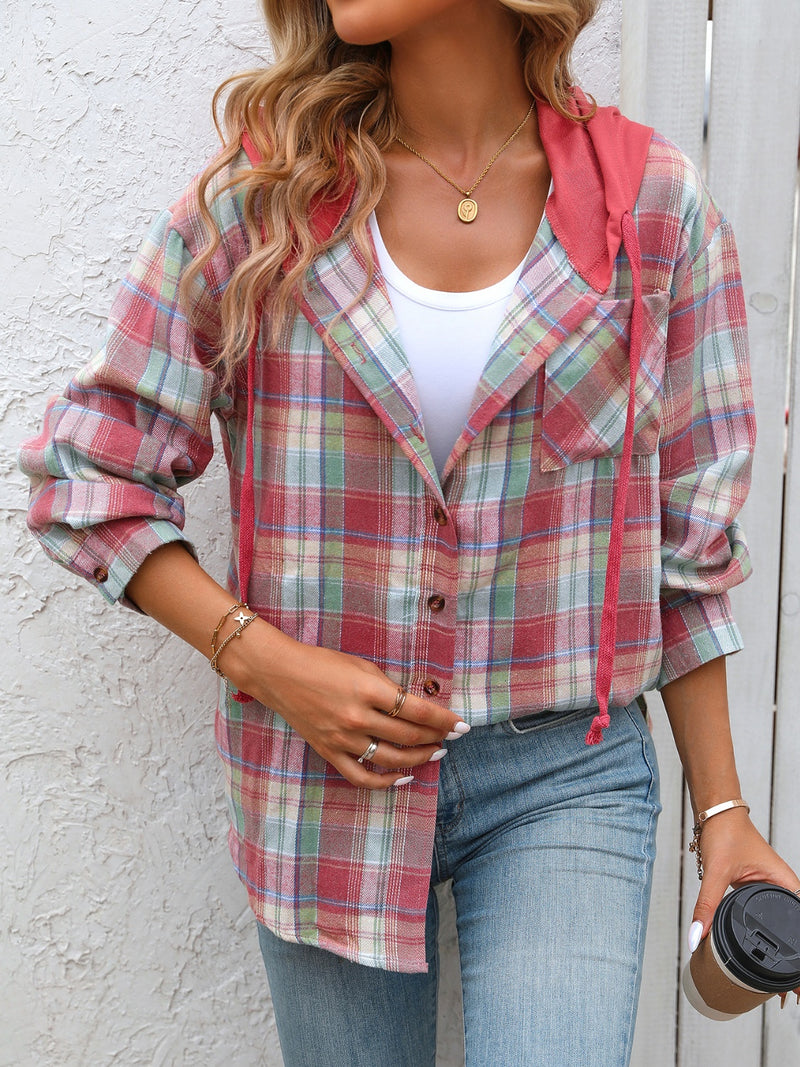 Plaid Long Sleeve Hooded Jacket Deep Red