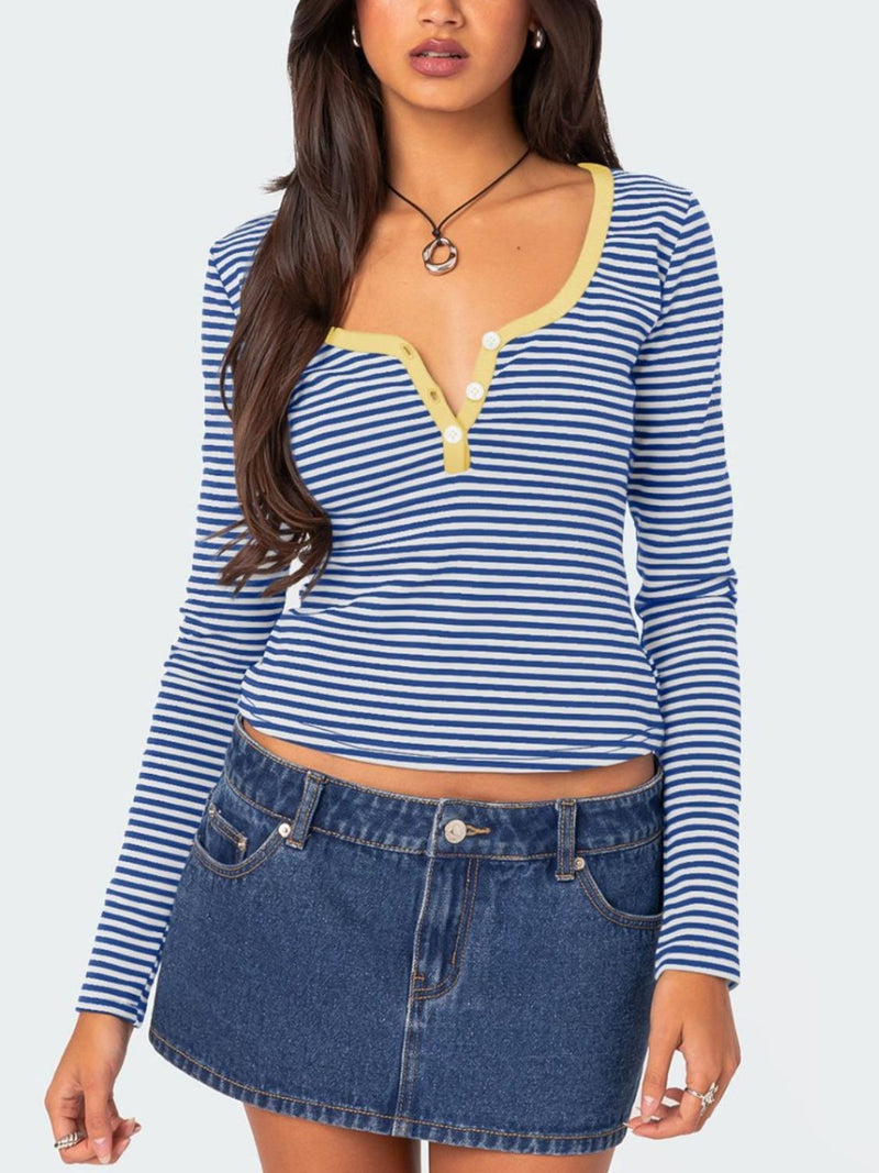 Buttoned Striped Long Sleeve T-Shirt Blue