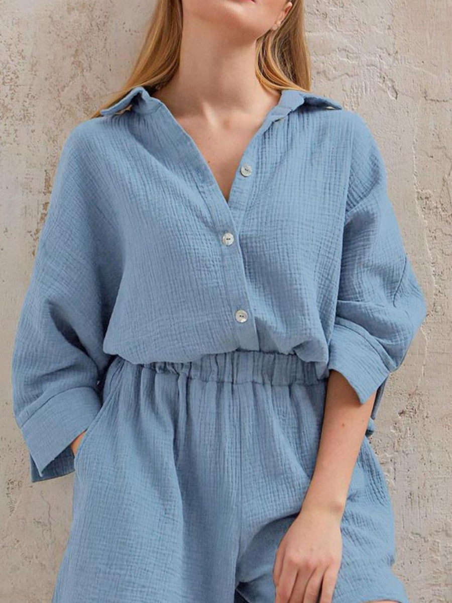 Texture Button Up Shirt and Shorts Set Light Blue