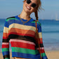 Rainbow Stripe Openwork Long Sleeve Cover-Up