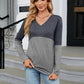 V-Neck Long Sleeve Two-Tone T-Shirt