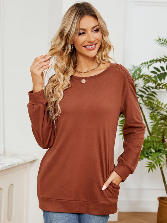 Ruched Shoulder Round Neck Long Sleeve Sweatshirt Caramel