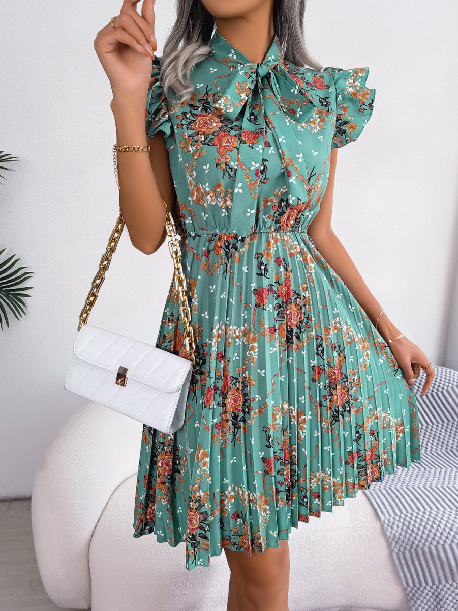 Pleated Floral Printed Tie Neck Knee Length Dress Turquoise