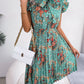 Pleated Floral Printed Tie Neck Knee Length Dress