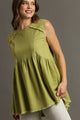 Umgee Full Size Raw Hem Linen Round Neck Sleeveless Top Plus Size Yellow-Green