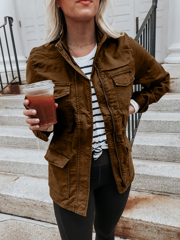 Pocketed Long Sleeve Zip Up Jacket Brown