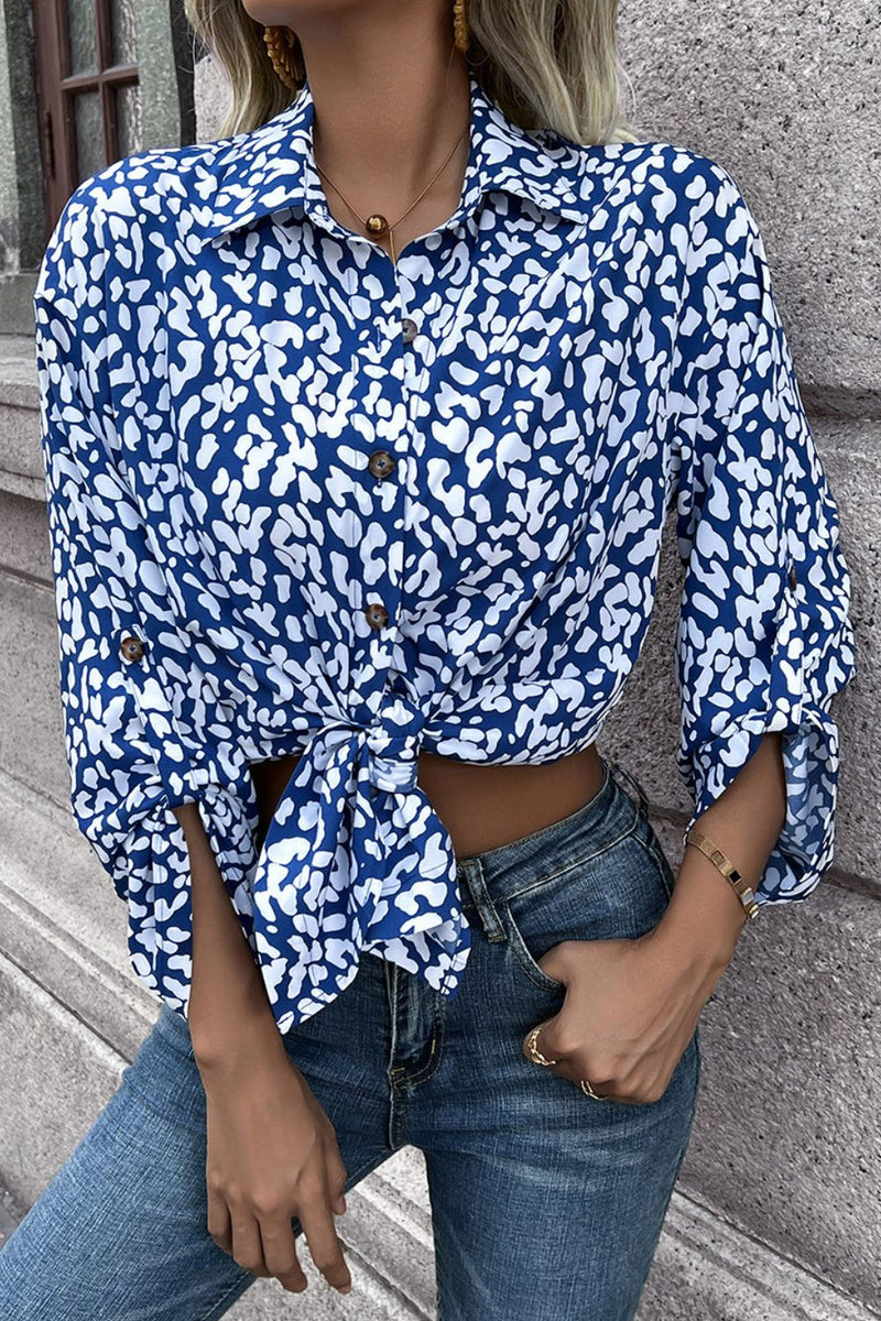 Ivy Lane Leopard Roll-Tap Sleeve Shirt Sky Blue