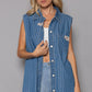 POL Button Down Sleeveless Striped Denim Shirt