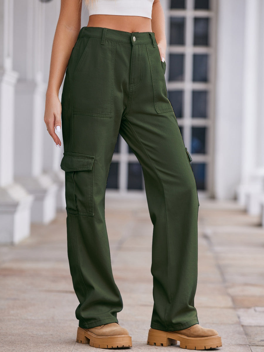 Straight Denim Cargo Pants Dark Green
