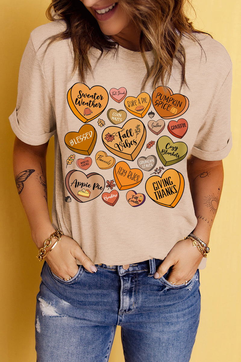Heart Graphic Round Neck Short Sleeve T-Shirt Dust Storm