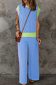 Contrast Round Neck Top and Pants Set Light Blue